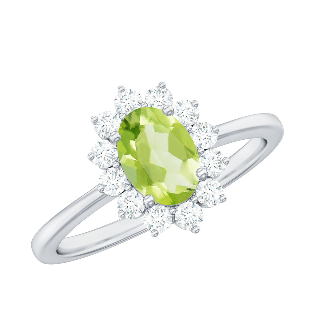 Real 1 Carat Peridot Oval Engagement Ring with Diamond Halo