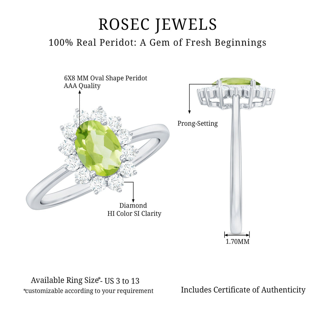 Real 1 Carat Peridot Oval Engagement Ring with Diamond Halo