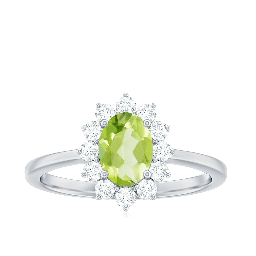 Real 1 Carat Peridot Oval Engagement Ring with Diamond Halo