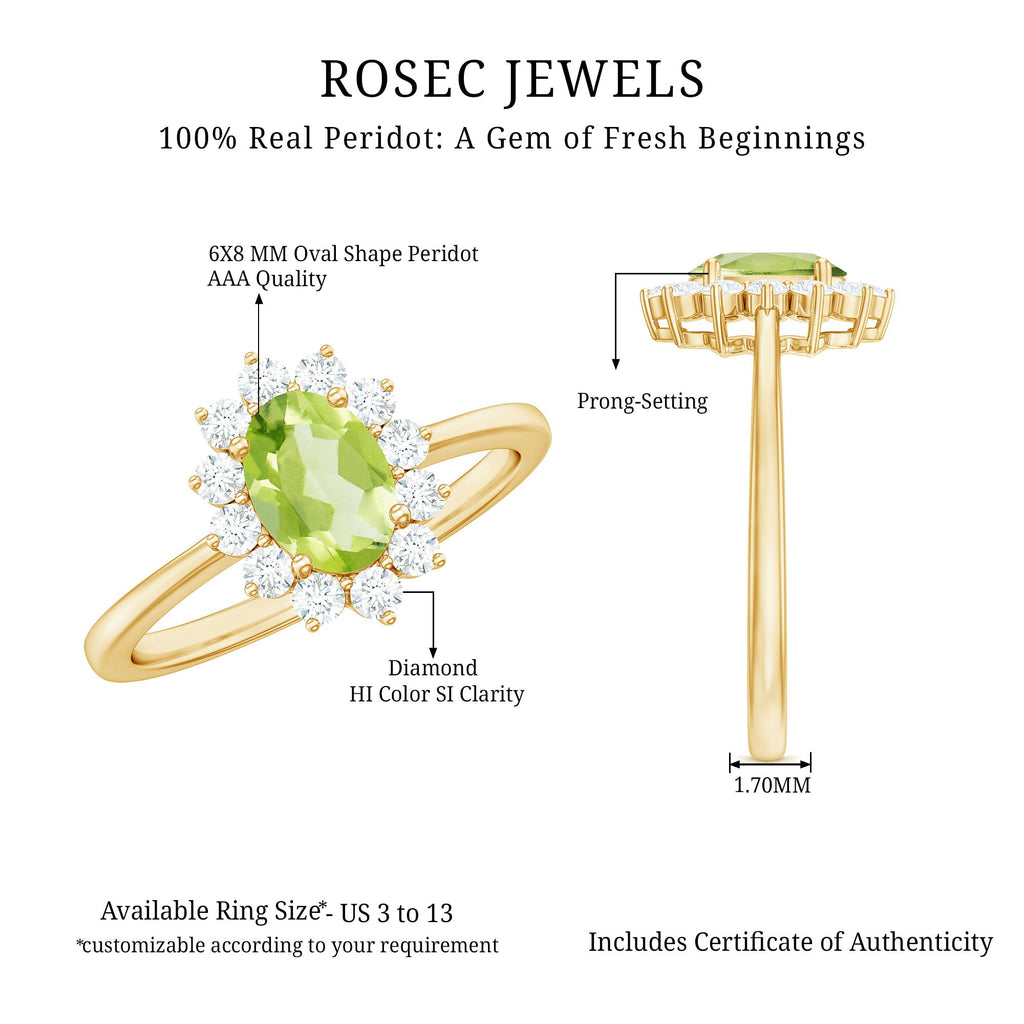 Real 1 Carat Peridot Oval Engagement Ring with Diamond Halo