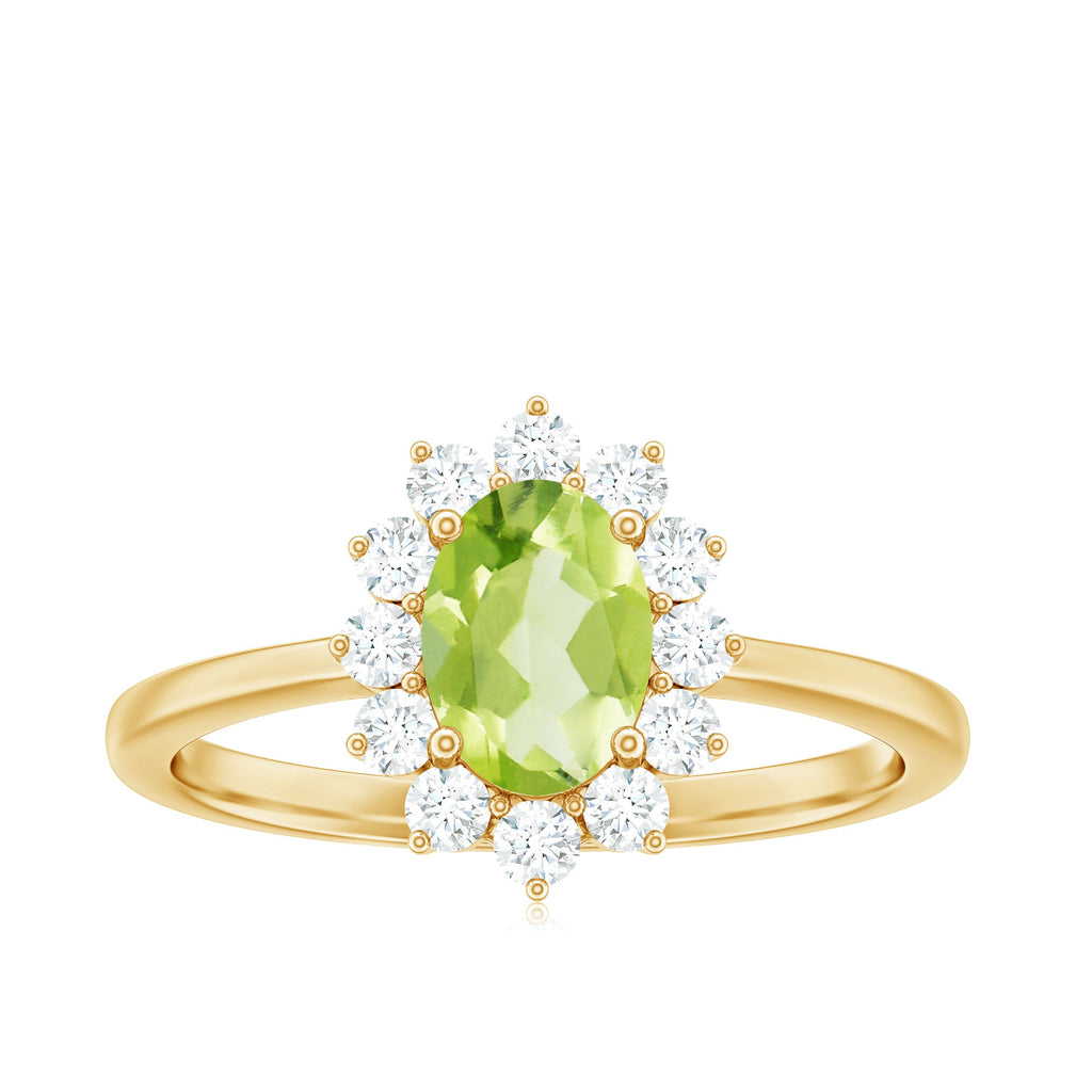 Real 1 Carat Peridot Oval Engagement Ring with Diamond Halo