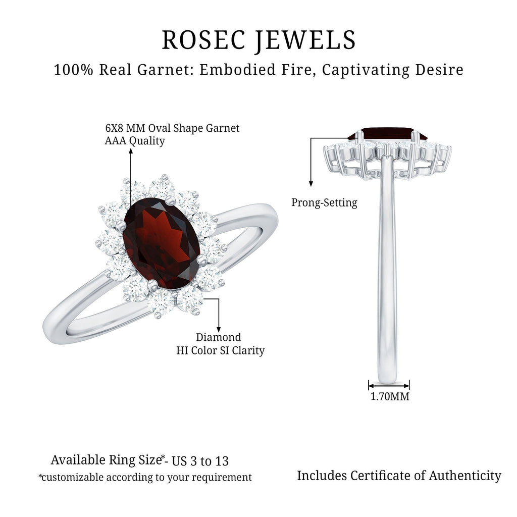 Natural 6X8mm Garnet Oblong Engagement Ring with Diamond Halo