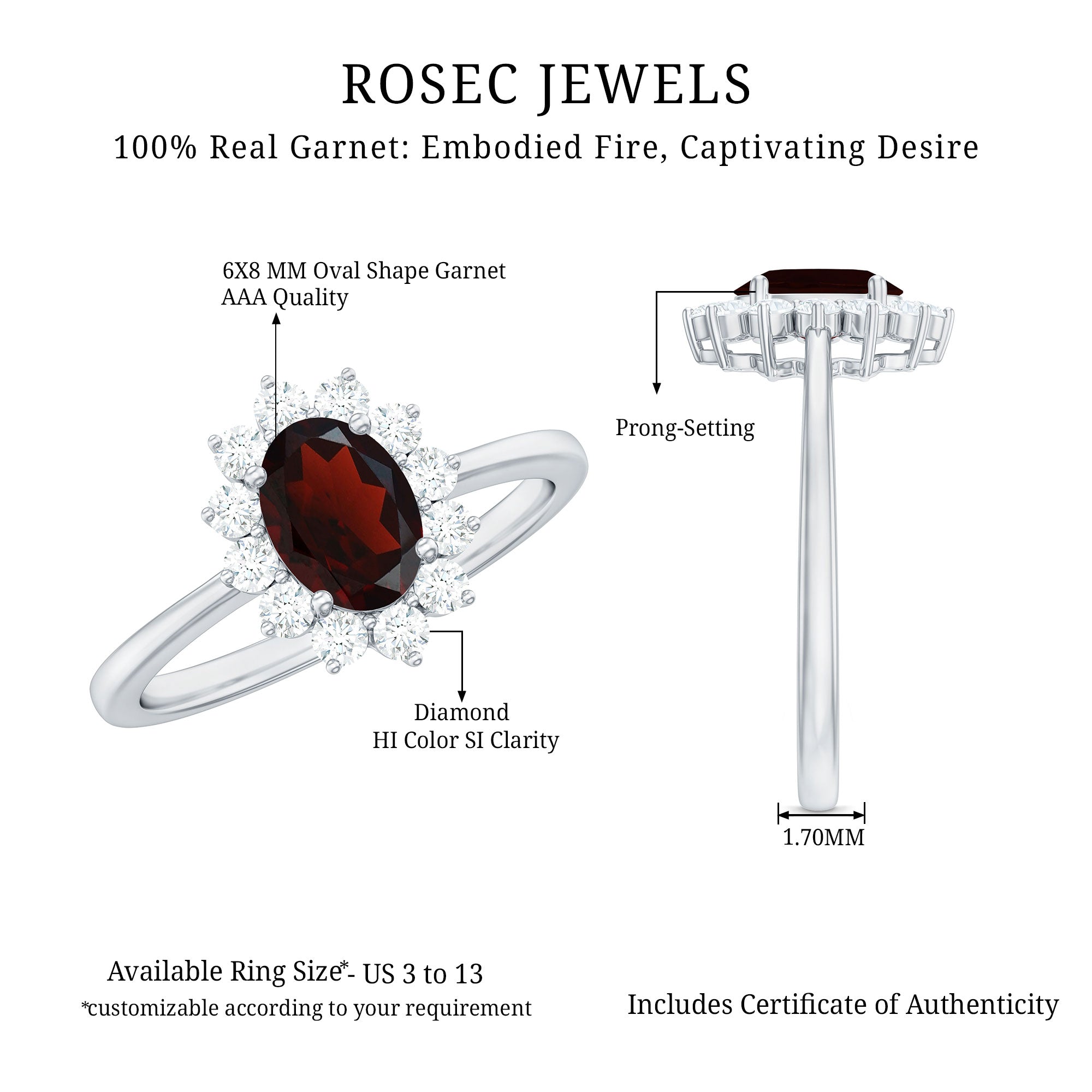Natural 6X8mm Garnet Oblong Engagement Ring with Diamond Halo