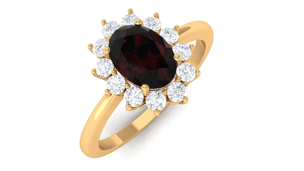 Natural 6X8mm Garnet Oblong Engagement Ring with Diamond Halo