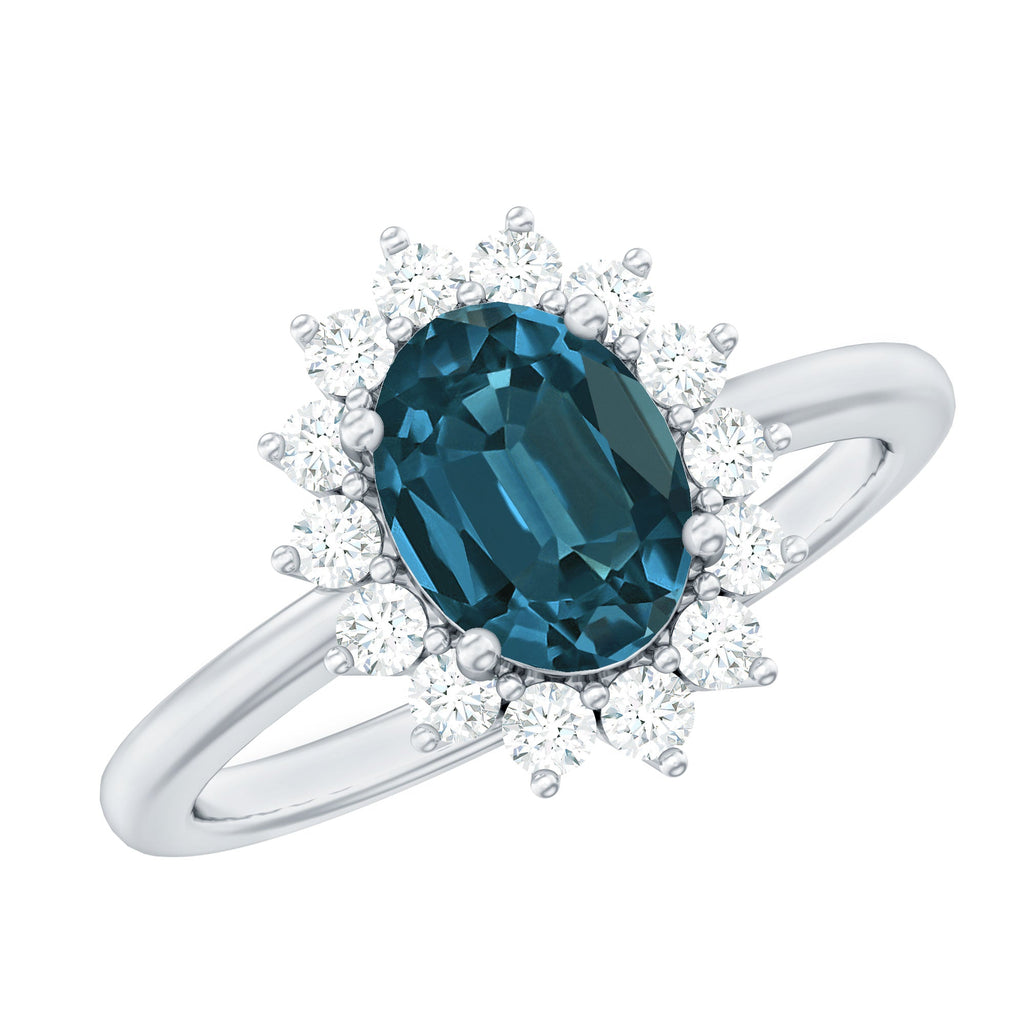 Real 6X8mm London Blue Topaz Princess Diana Inspired Engagement Ring with Diamond