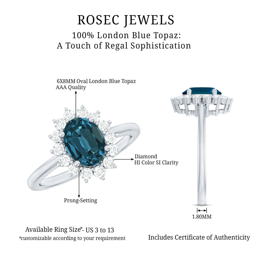 Real 6X8mm London Blue Topaz Princess Diana Inspired Engagement Ring with Diamond