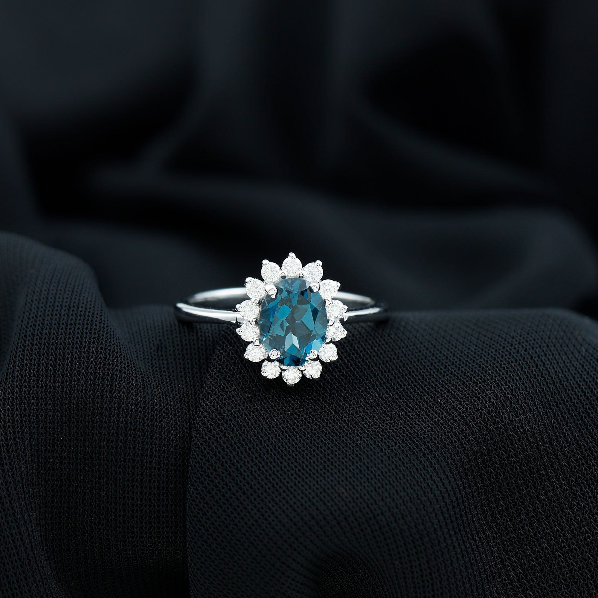 Real 6X8mm London Blue Topaz Princess Diana Inspired Engagement Ring with Diamond