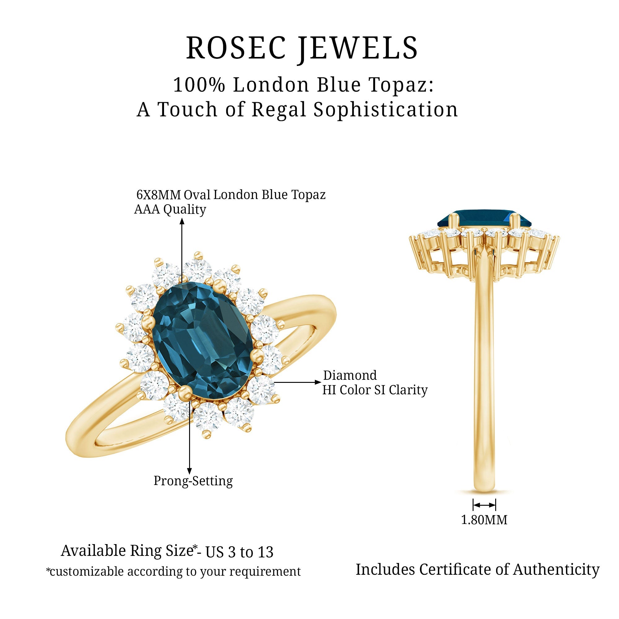 Real 6X8mm London Blue Topaz Princess Diana Inspired Engagement Ring with Diamond