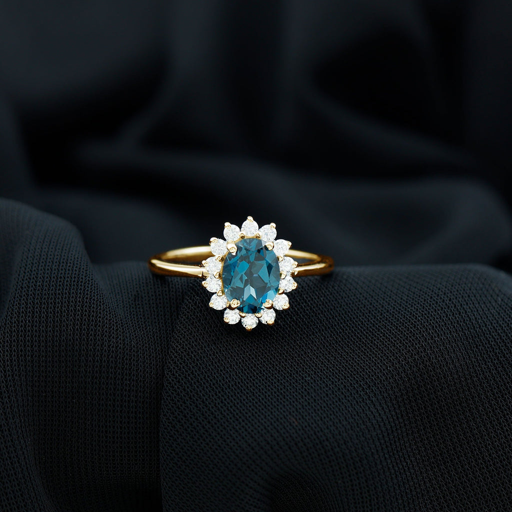 Real 6X8mm London Blue Topaz Princess Diana Inspired Engagement Ring with Diamond