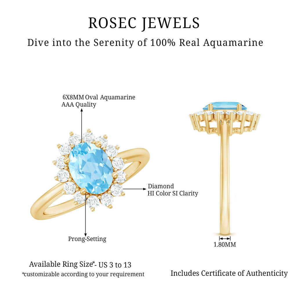 Natural 1 Carat Aquamarine Oval Engagement Ring with Diamond Halo