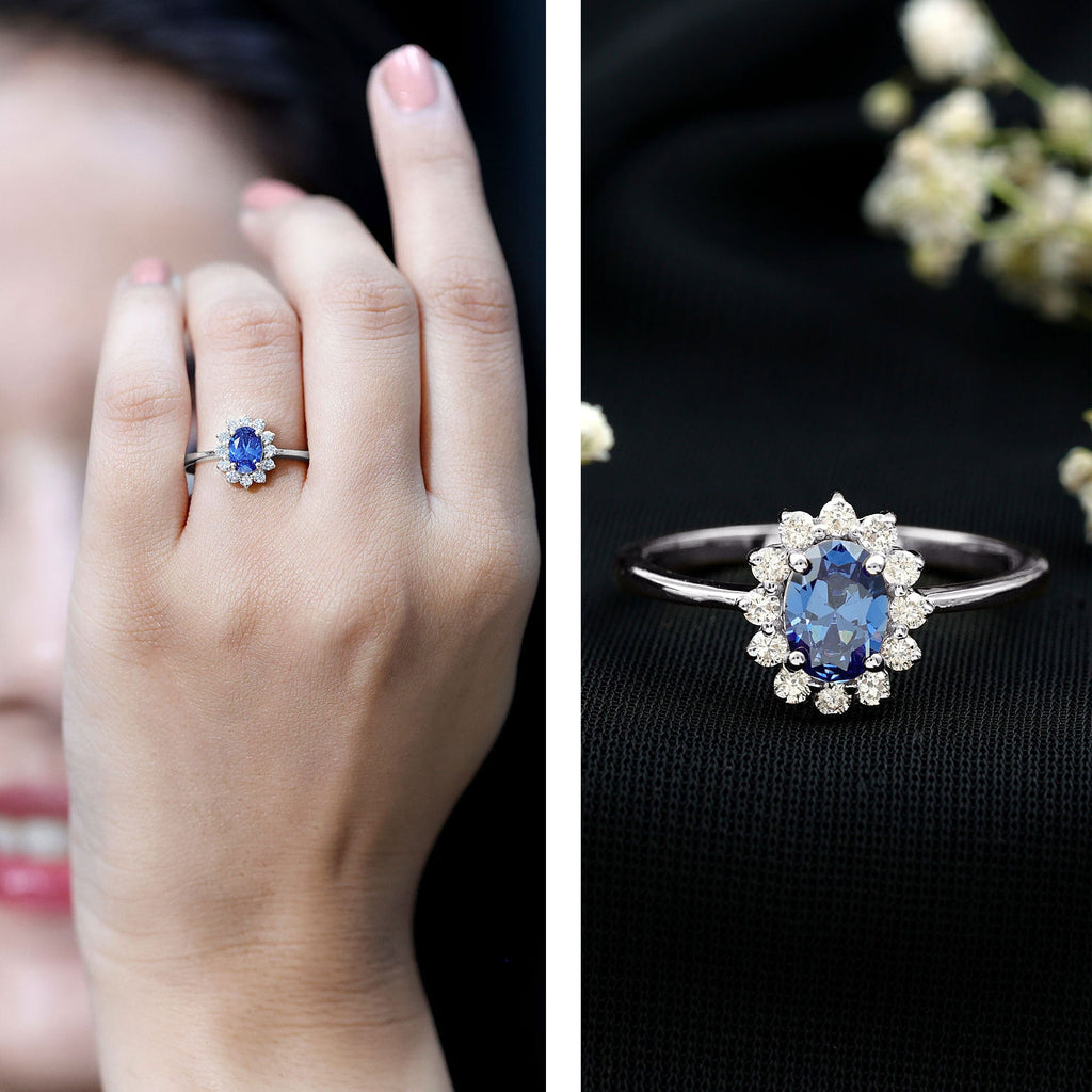Certified 1 Carat Lab Grown Blue Sapphire Oval Engagement Ring with Diamond Halo
