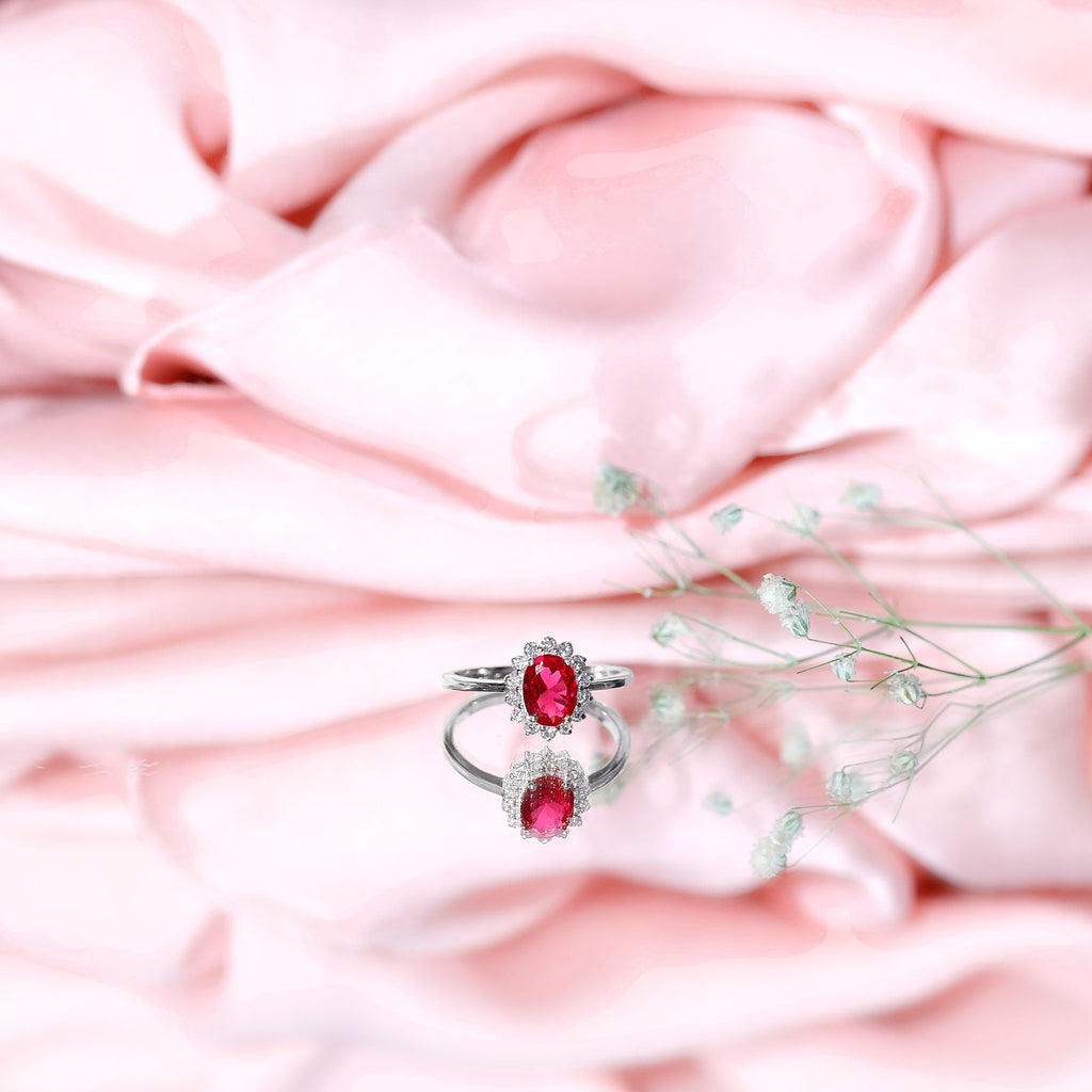 Princess Diana Inspired Oval Cut Created Ruby Engagement Ring Diamond Halo