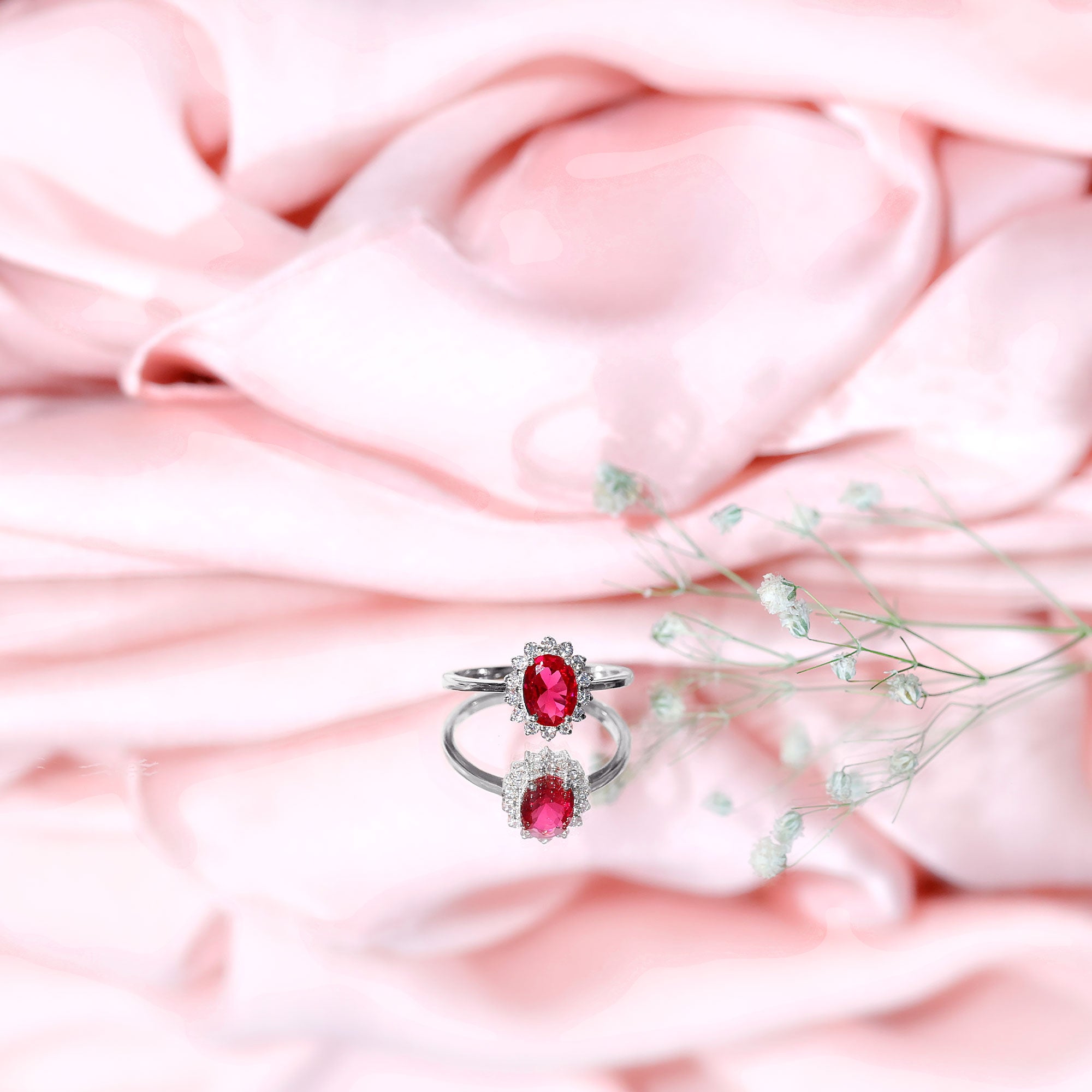Princess Diana Inspired Oval Cut Created Ruby Engagement Ring Diamond Halo