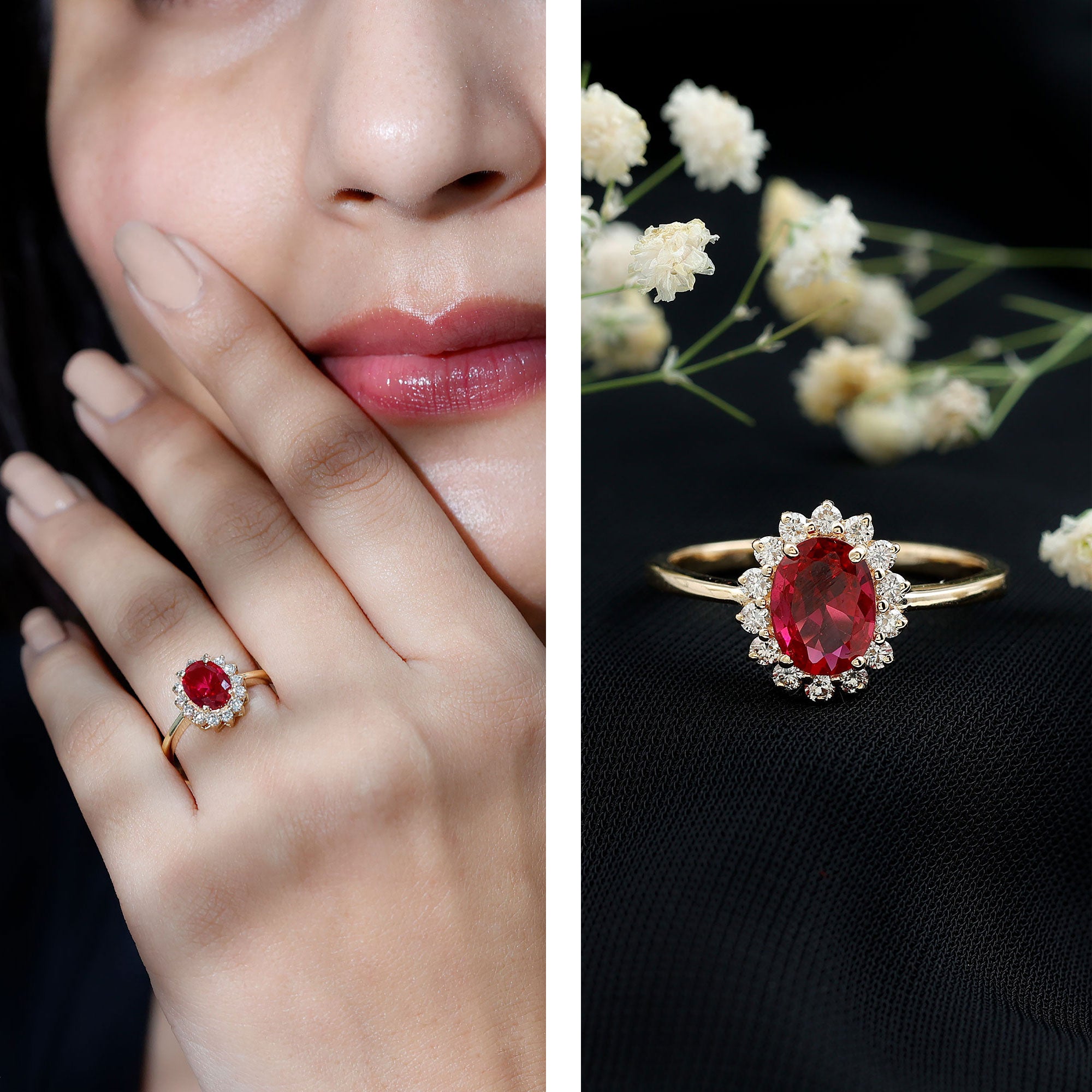 Princess Diana Inspired Oval Cut Created Ruby Engagement Ring Diamond Halo