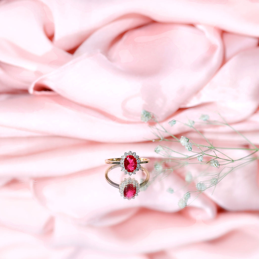 Princess Diana Inspired Oval Cut Created Ruby Engagement Ring Diamond Halo