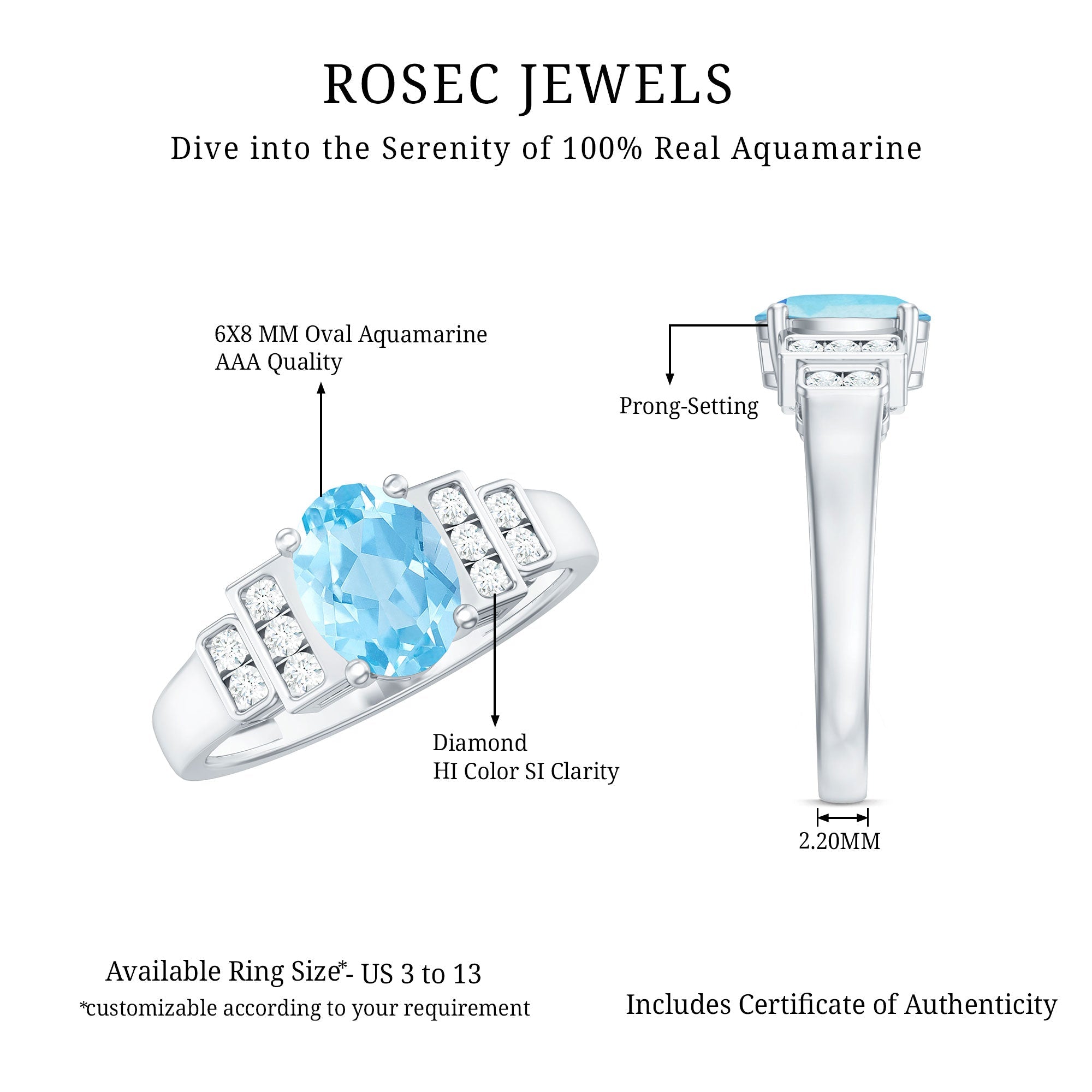 Real 6X8mm Aquamarine Statement Engagement Ring with Diamond