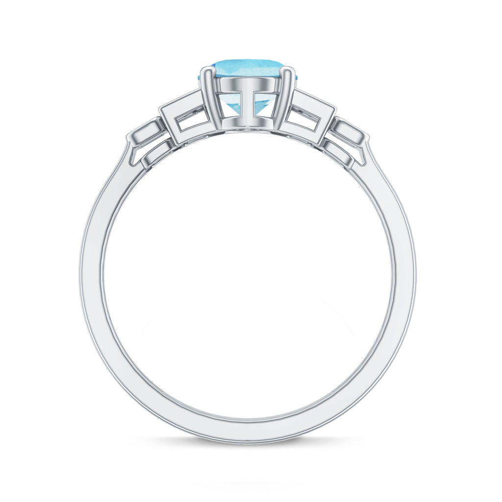 Real 6X8mm Aquamarine Statement Engagement Ring with Diamond