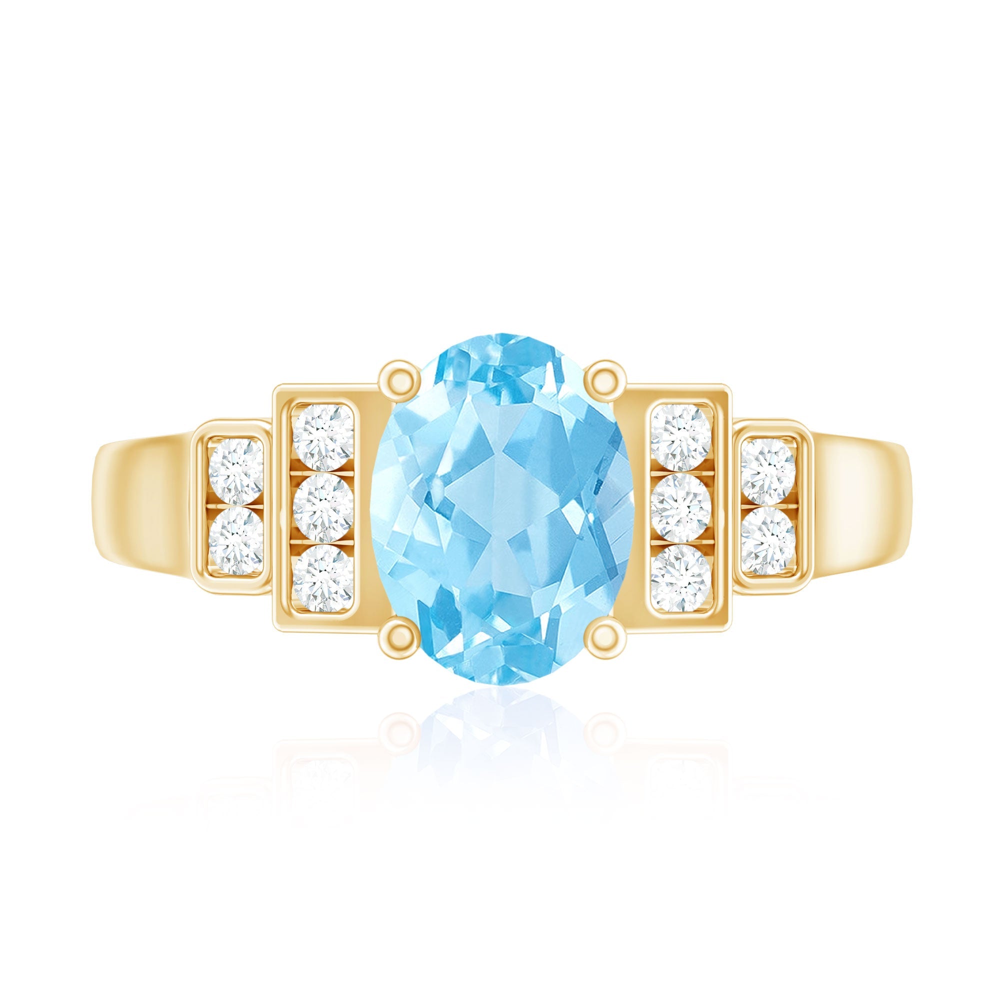 Real 6X8mm Aquamarine Statement Engagement Ring with Diamond
