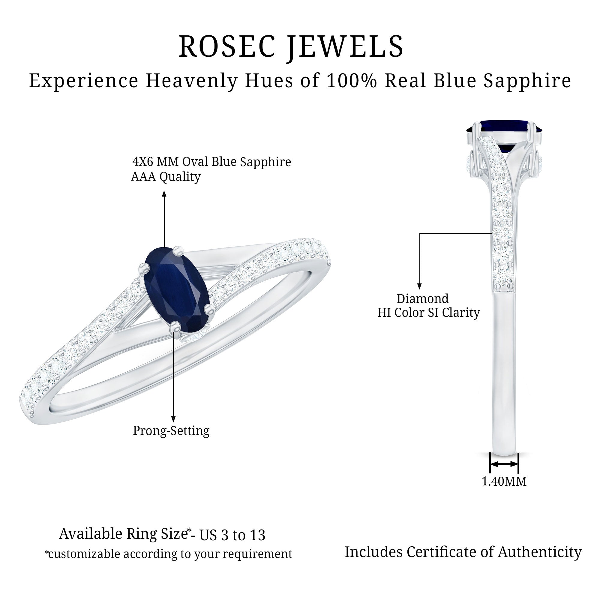 1/2 CT Simple Solitaire Blue Sapphire Engagement Ring with Diamond