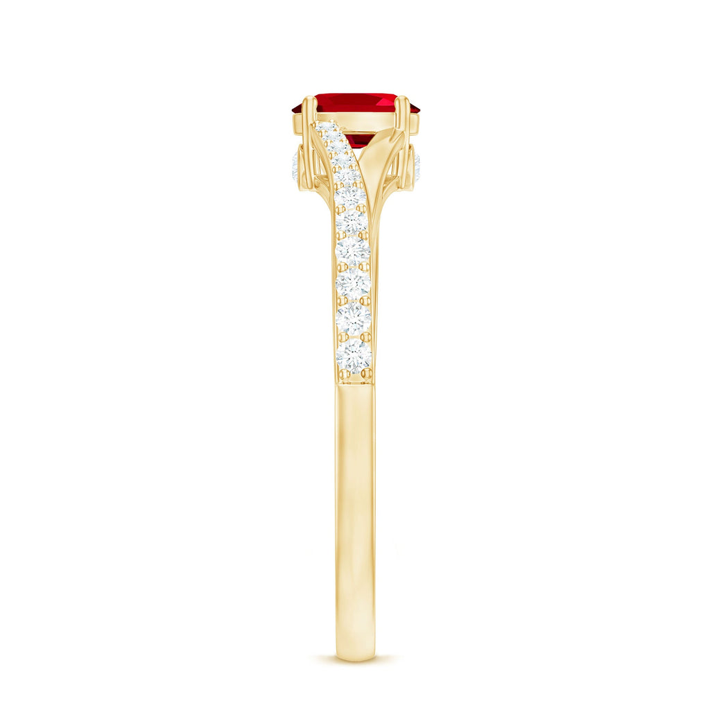 1/2 CT Split Shank Lab Grown Ruby Simple Solitaire Ring with Diamond