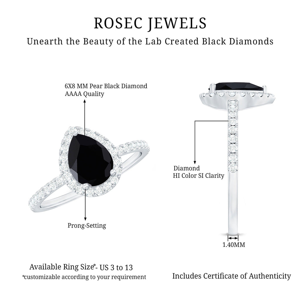 1 CT Teardrop Created Black Diamond Halo Engagement Ring with Diamond