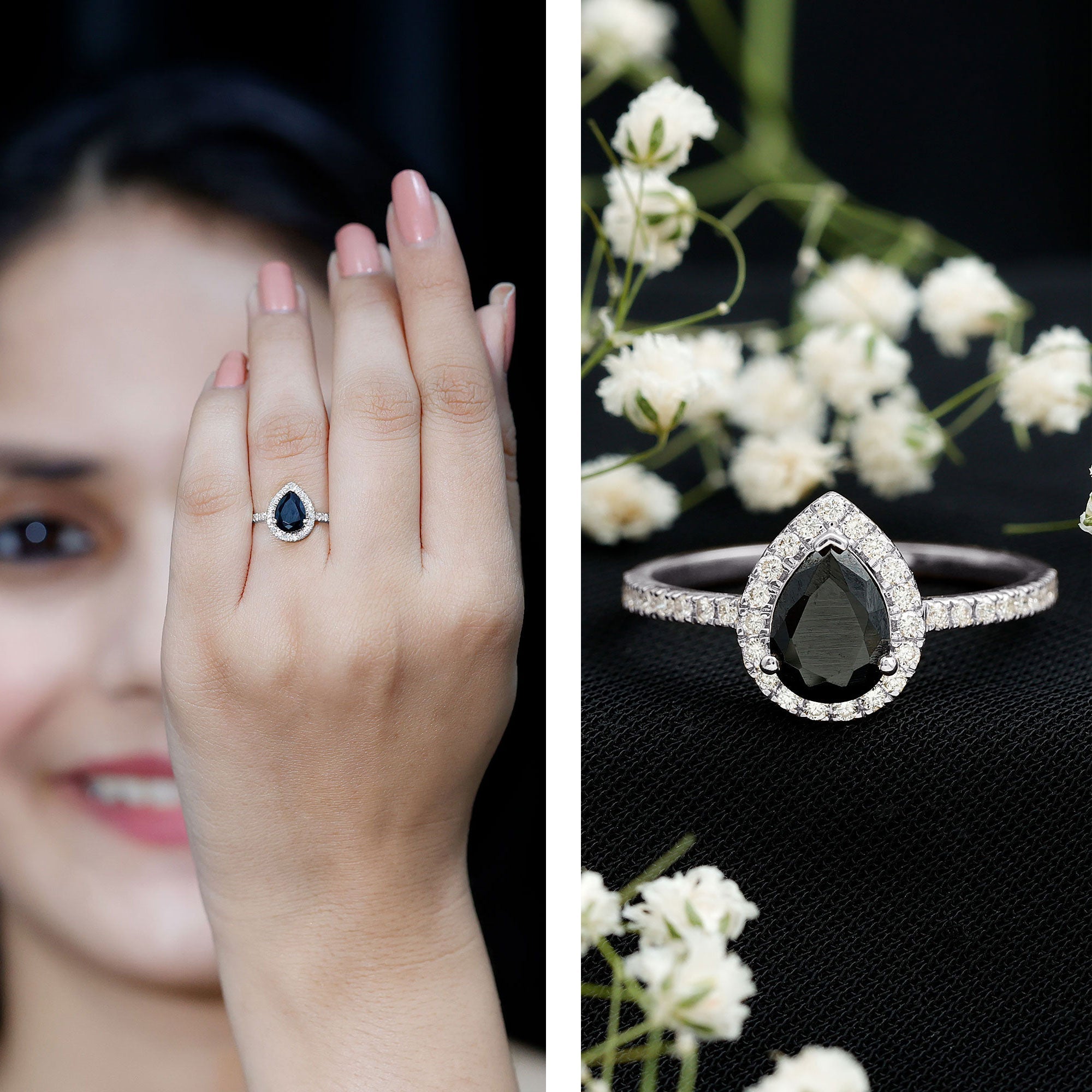 1 CT Teardrop Created Black Diamond Halo Engagement Ring with Diamond