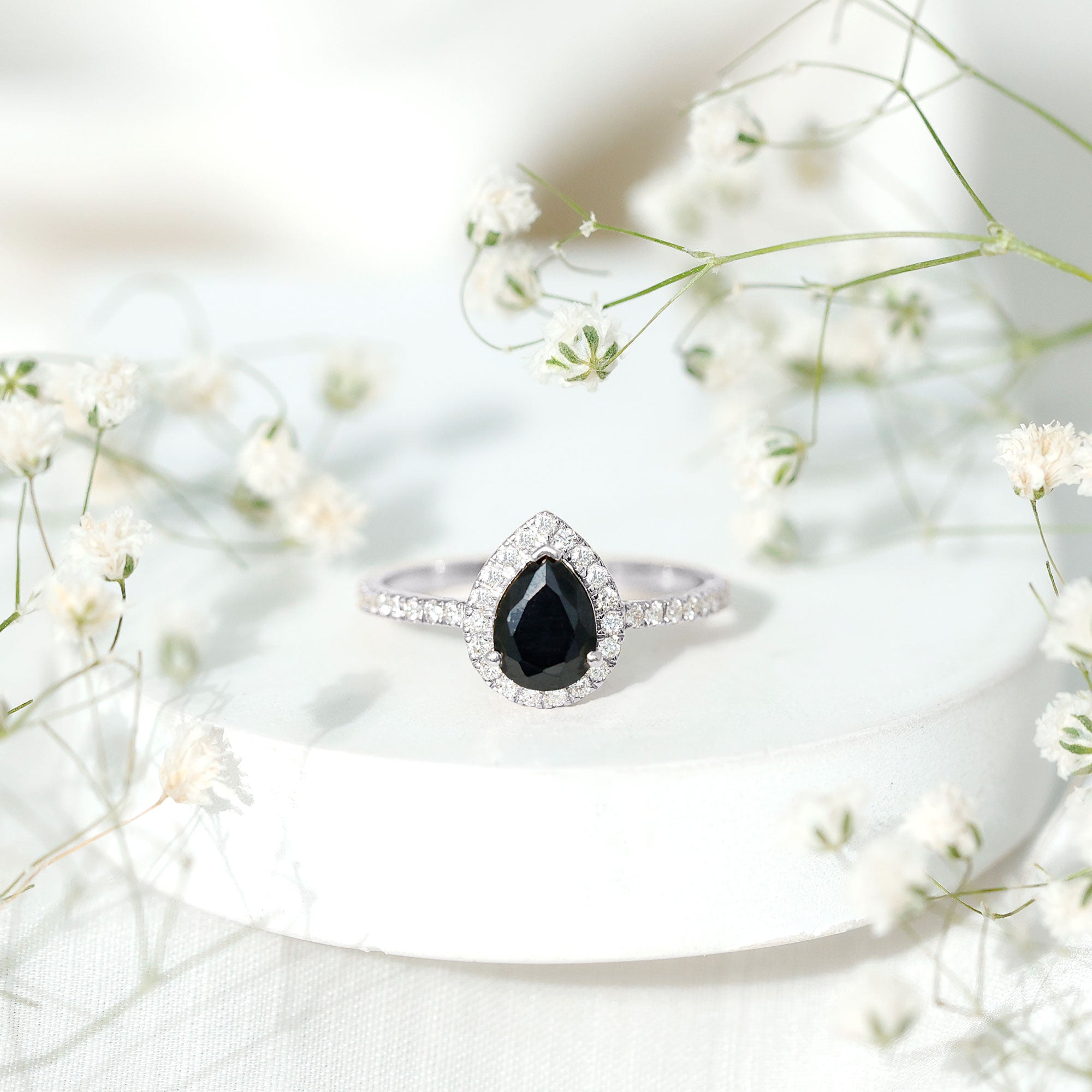 1 CT Teardrop Created Black Diamond Halo Engagement Ring with Diamond