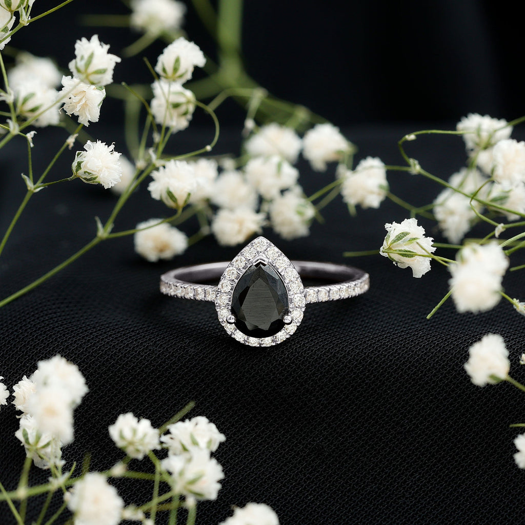1 CT Teardrop Created Black Diamond Halo Engagement Ring with Diamond
