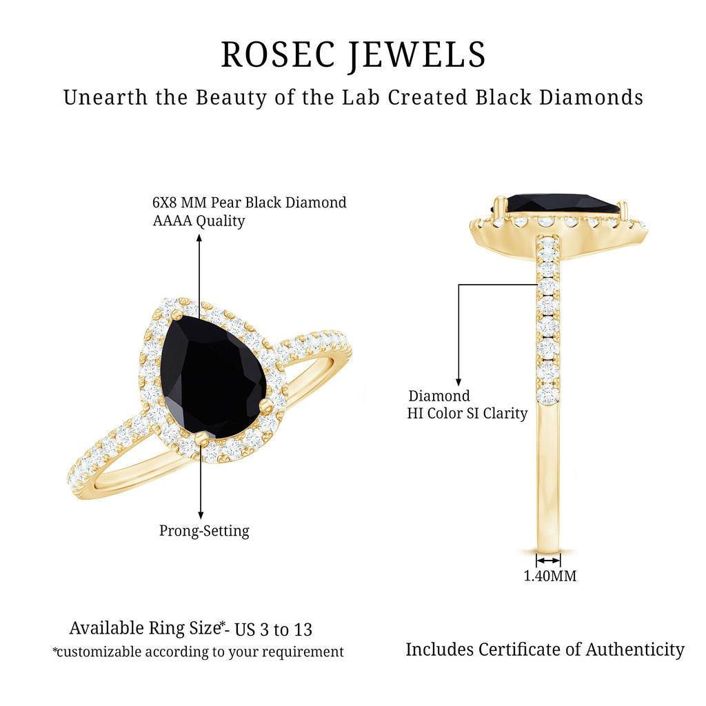 1 CT Teardrop Created Black Diamond Halo Engagement Ring with Diamond