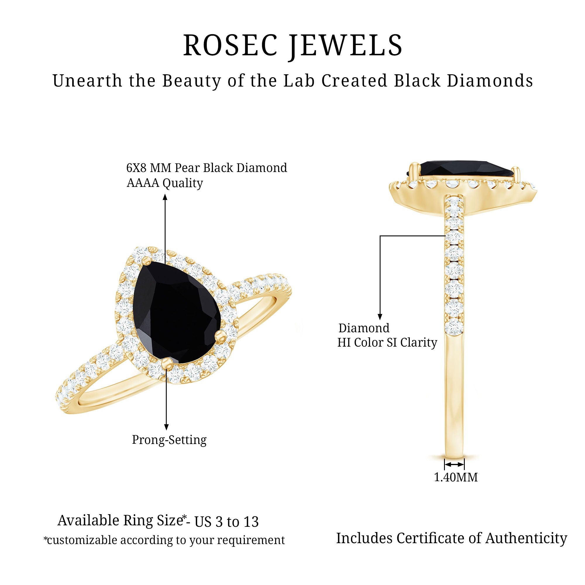 1 CT Teardrop Created Black Diamond Halo Engagement Ring with Diamond