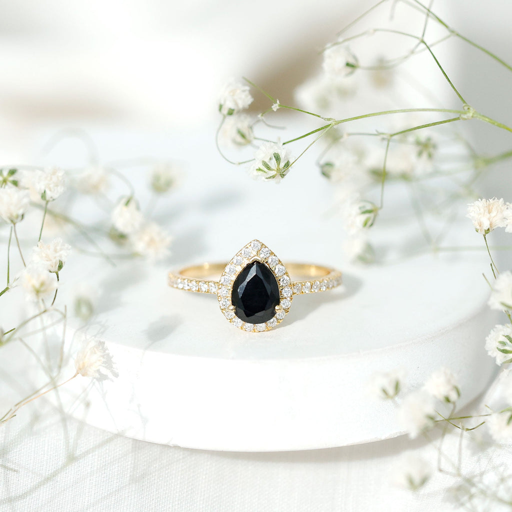 1 CT Teardrop Created Black Diamond Halo Engagement Ring with Diamond
