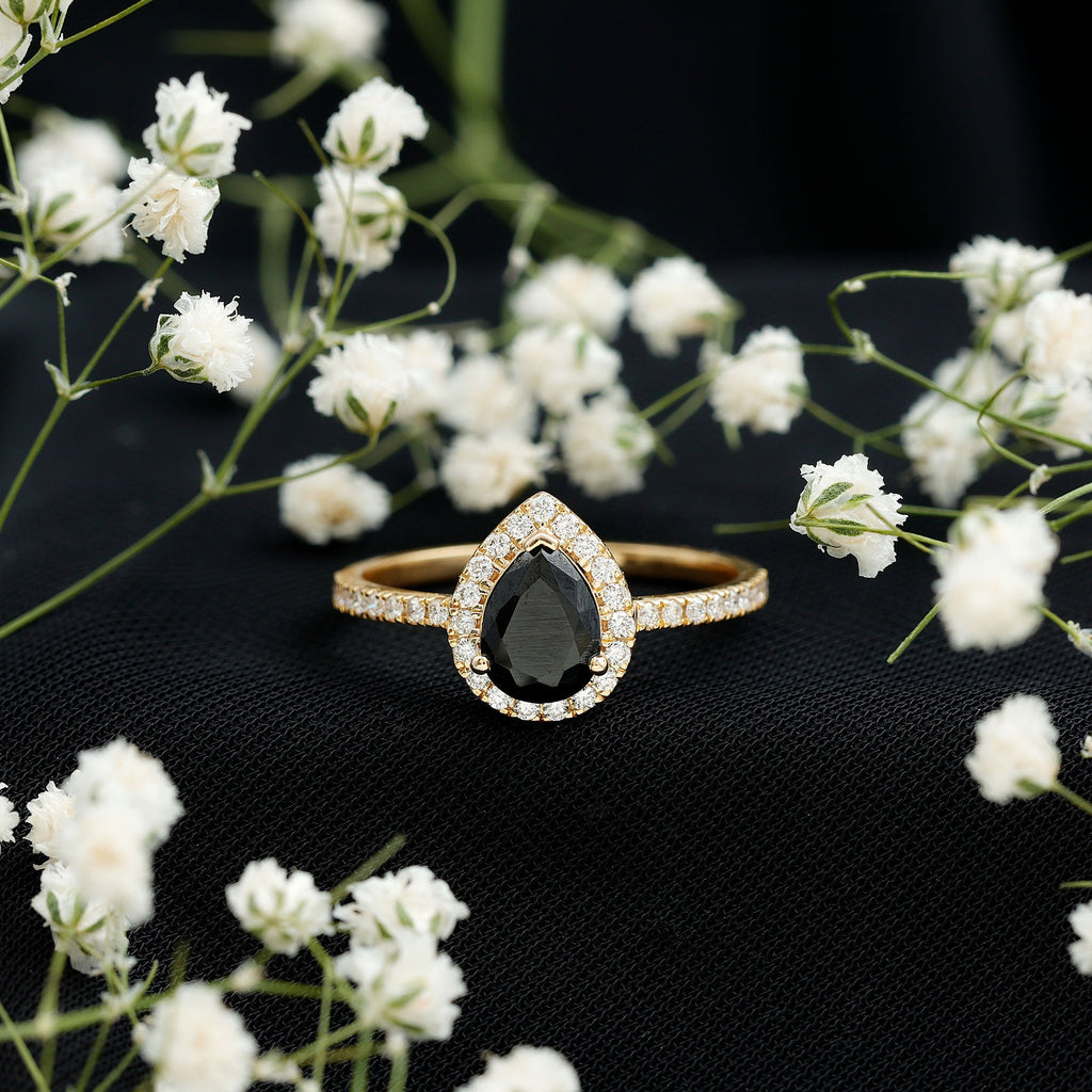 1 CT Teardrop Created Black Diamond Halo Engagement Ring with Diamond