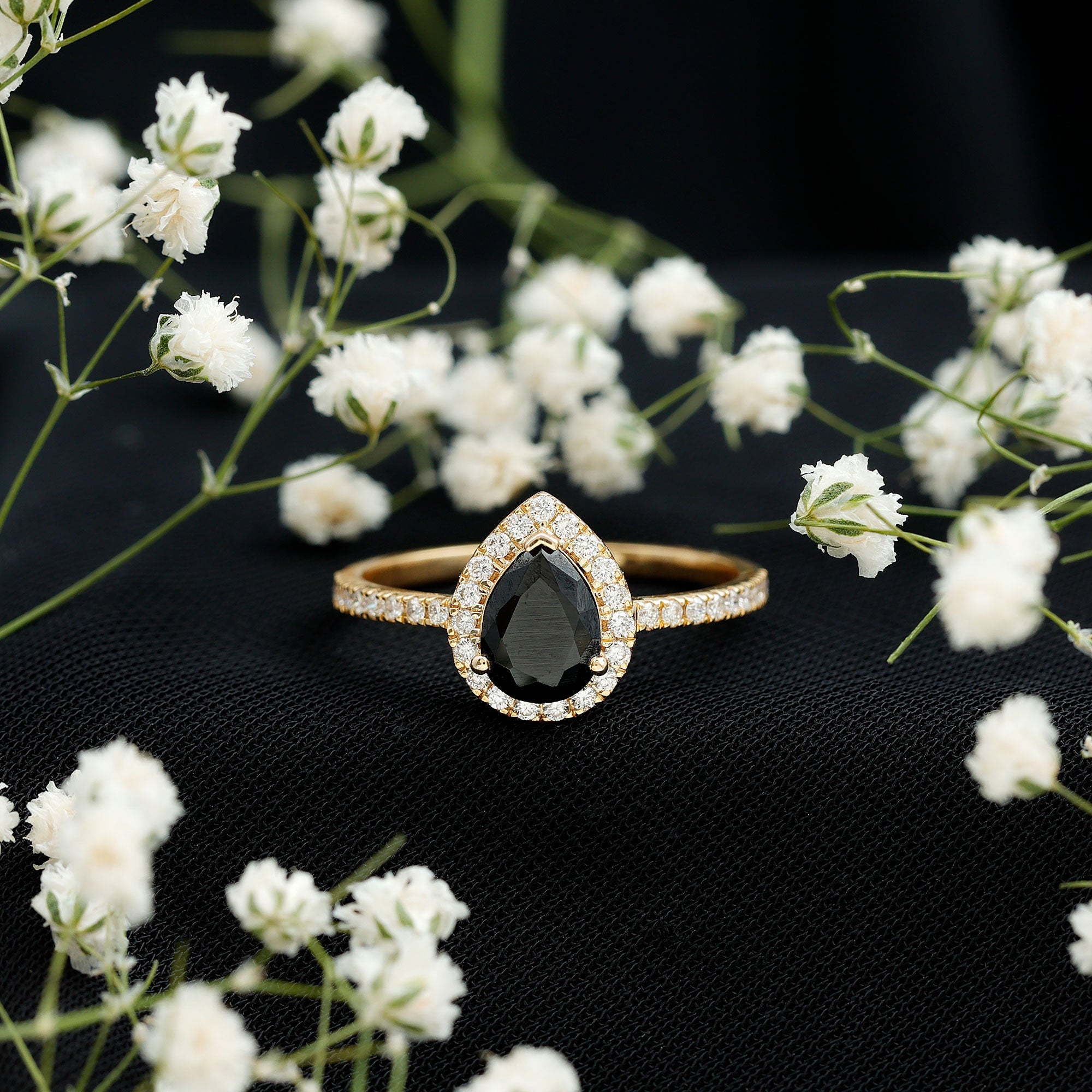 1 CT Teardrop Created Black Diamond Halo Engagement Ring with Diamond
