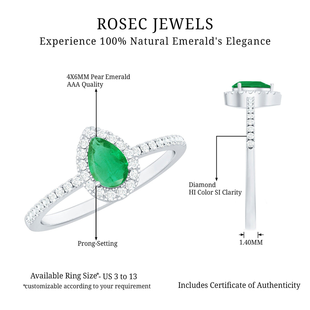 4X6mm Pear Cut Emerald Teardrop Engagement Ring with Diamond Halo