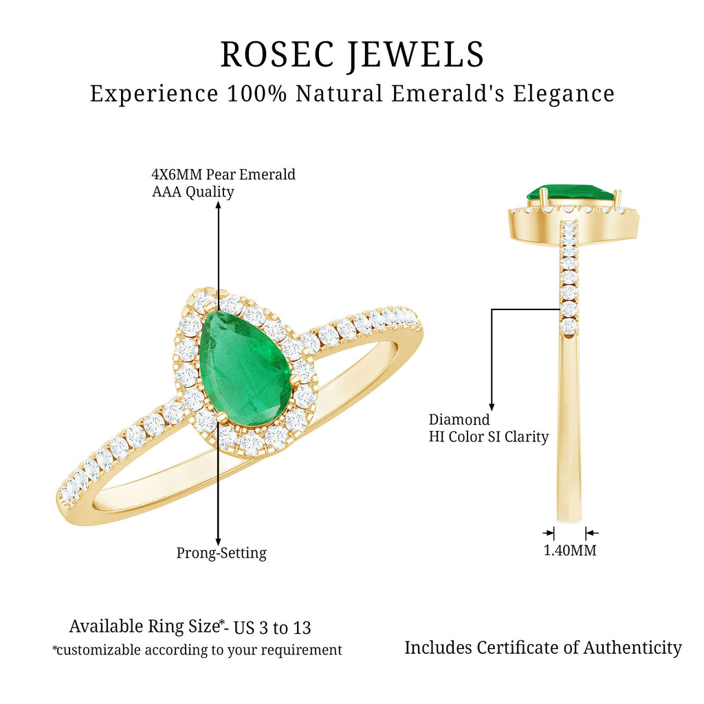 4X6mm Pear Cut Emerald Teardrop Engagement Ring with Diamond Halo