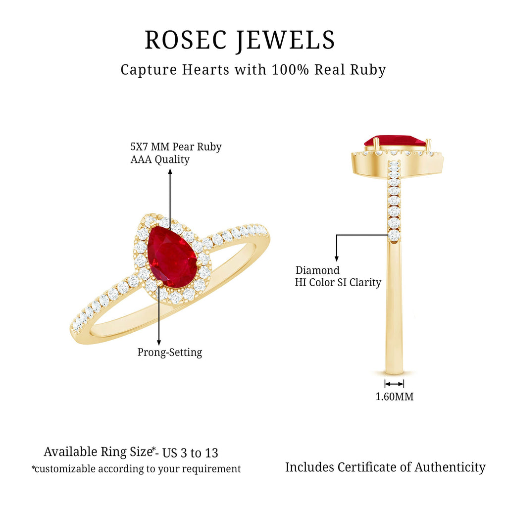 Natural Ruby Teardrop Ring with Diamond Halo