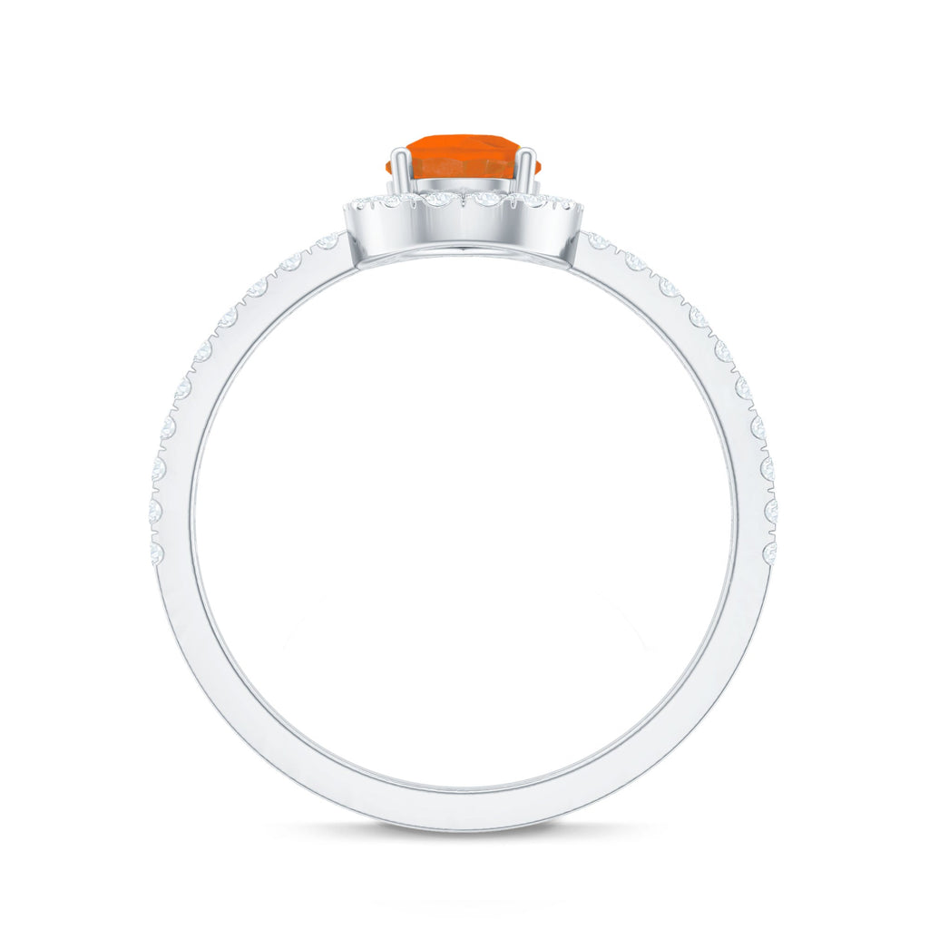 Genuine Fire Opal Teardrop Ring with Diamond Halo