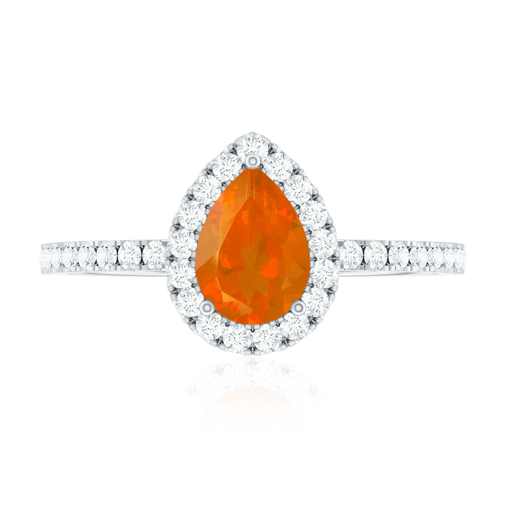 Genuine Fire Opal Teardrop Ring with Diamond Halo