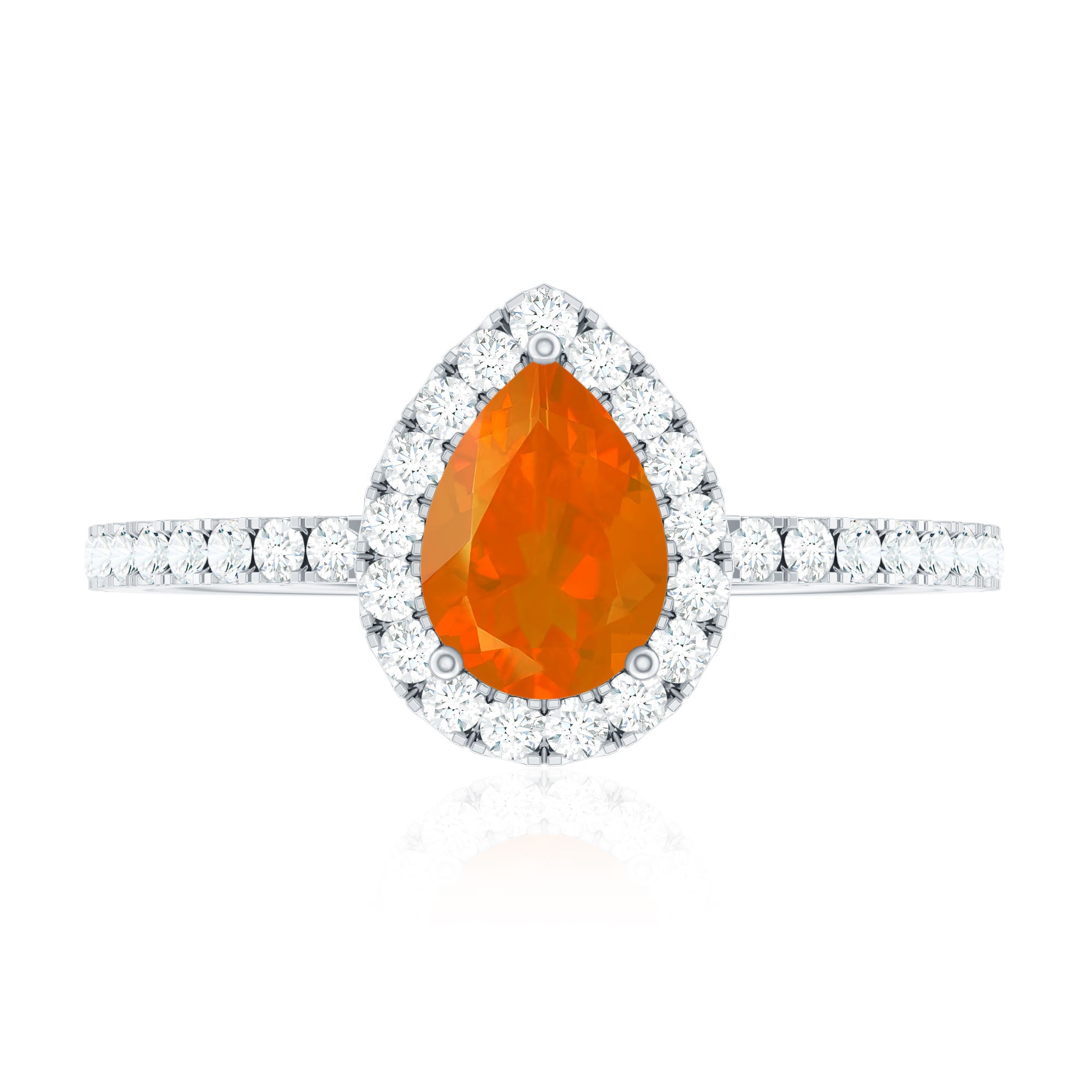 Genuine Fire Opal Teardrop Ring with Diamond Halo