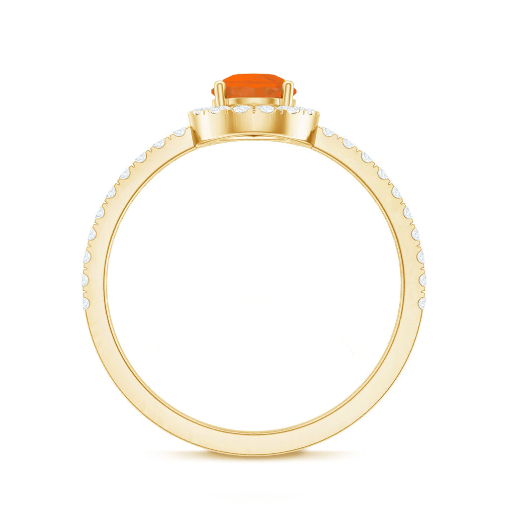 Genuine Fire Opal Teardrop Ring with Diamond Halo