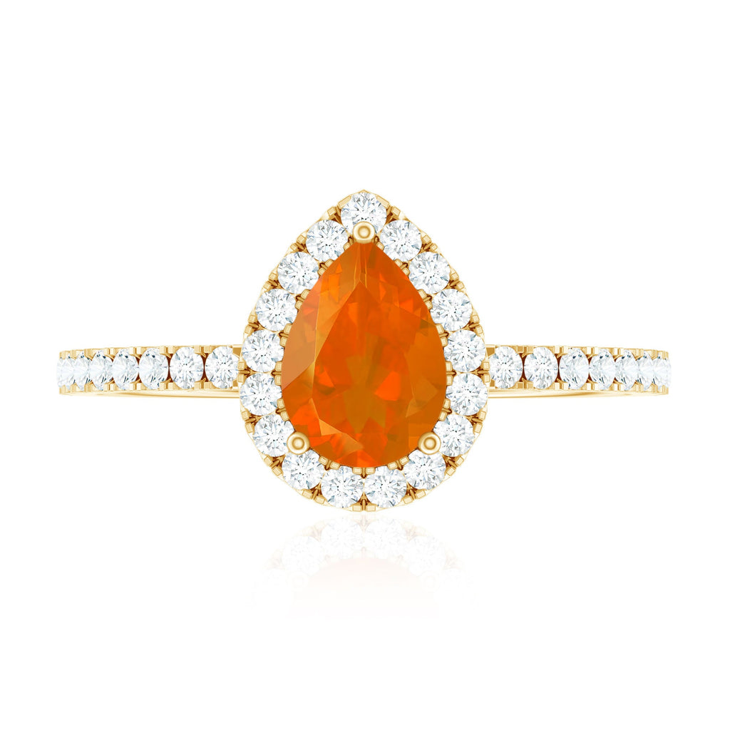 Genuine Fire Opal Teardrop Ring with Diamond Halo