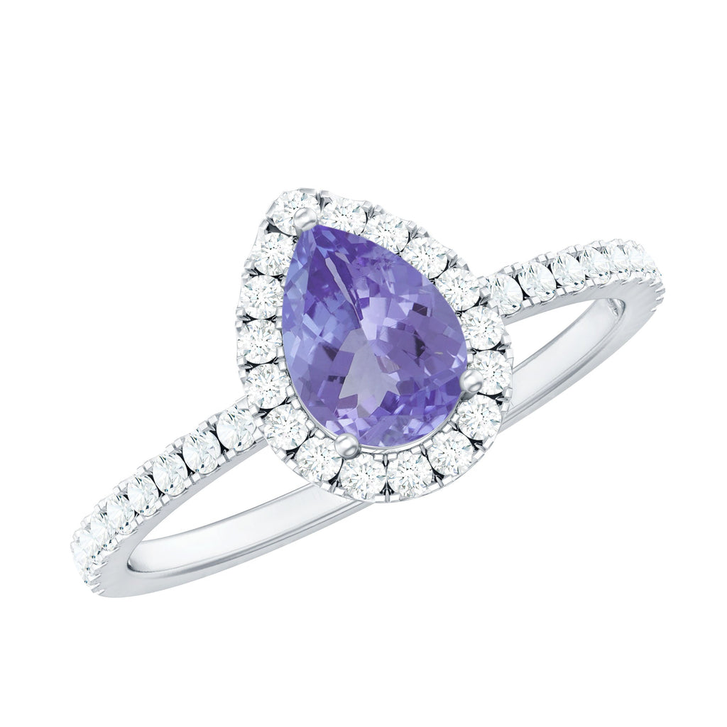 Real 0.84 Carat Tanzanite Teardrop Engagement Ring with Diamond Halo