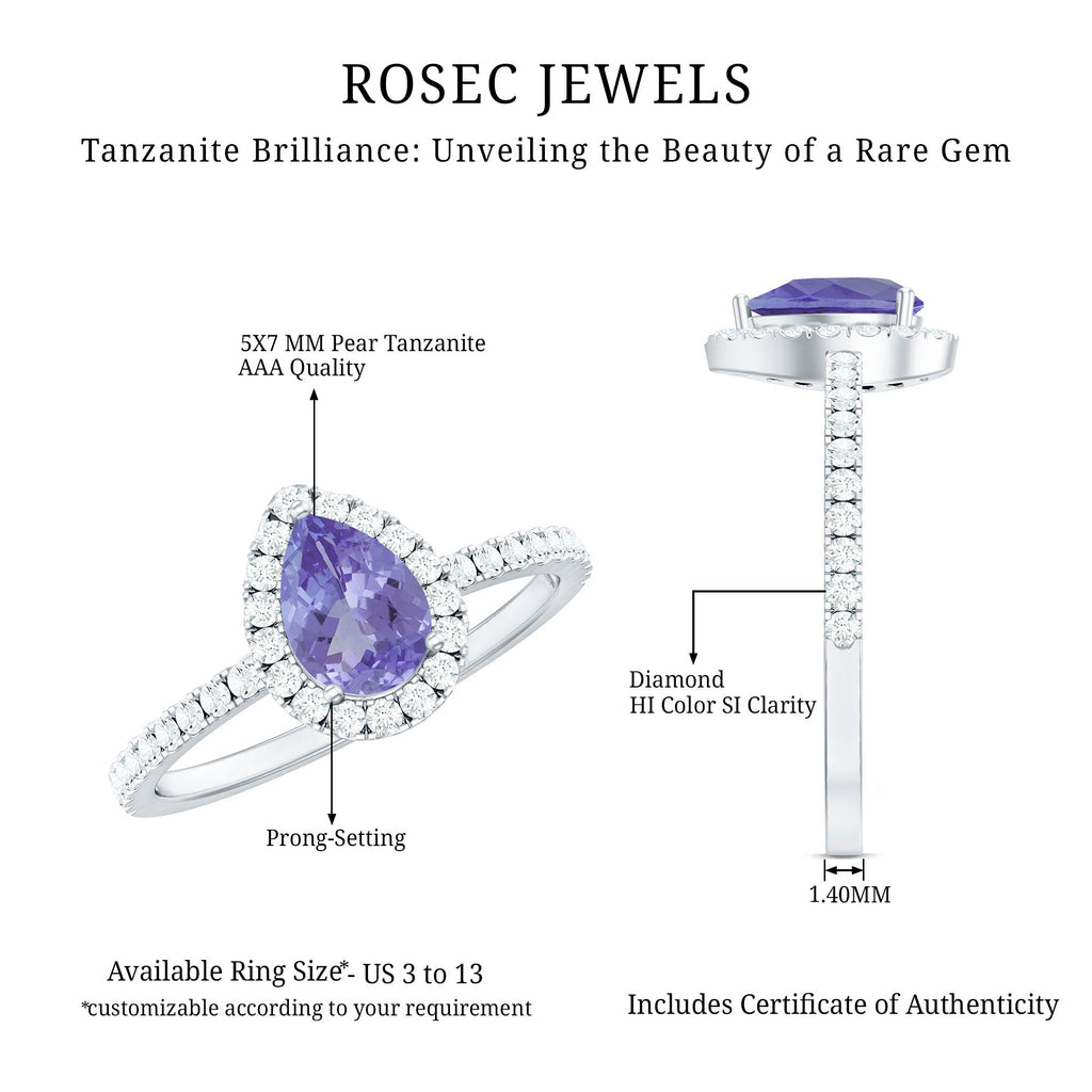 Real 0.84 Carat Tanzanite Teardrop Engagement Ring with Diamond Halo