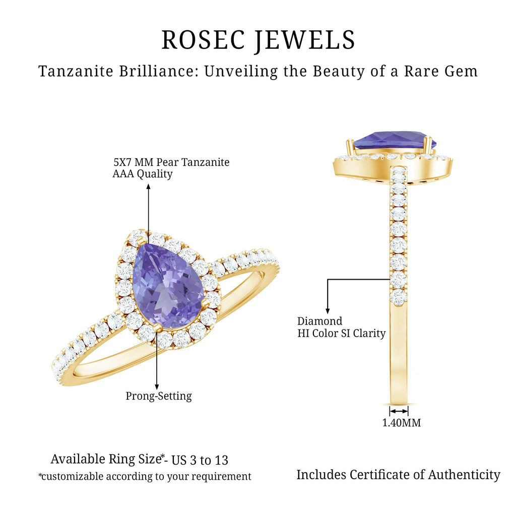 Real 0.84 Carat Tanzanite Teardrop Engagement Ring with Diamond Halo