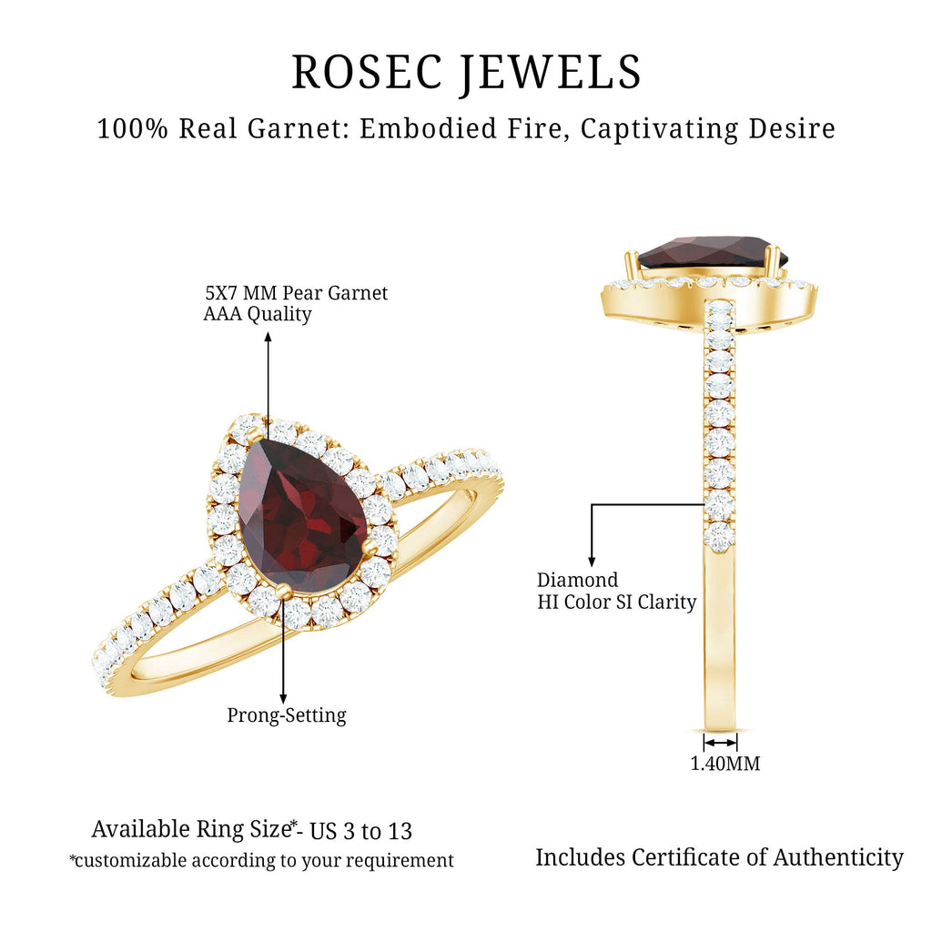 Natural 5X7mm Garnet Teardrop Engagement Ring with Diamond Halo