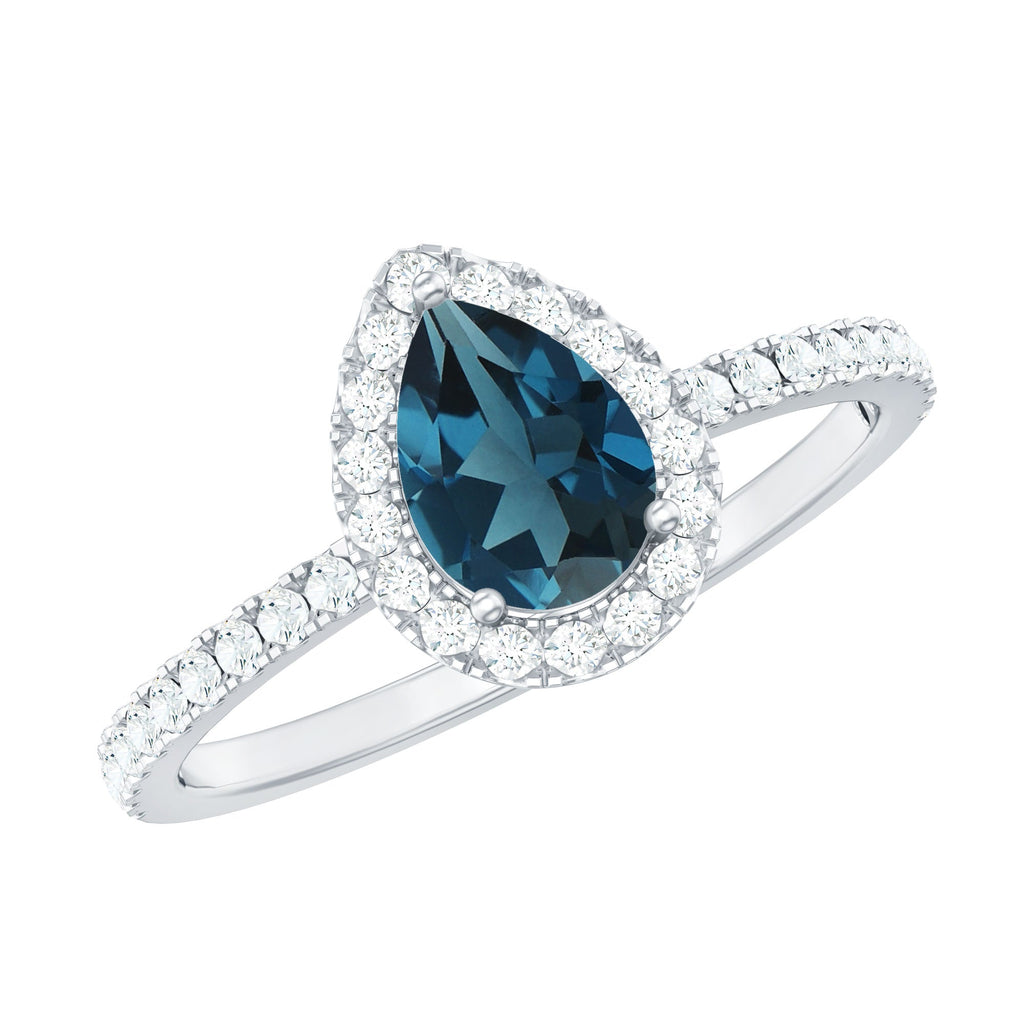 5X7mm Pear Shape London Blue Topaz Teardrop Engagement Ring with Moissanite Halo