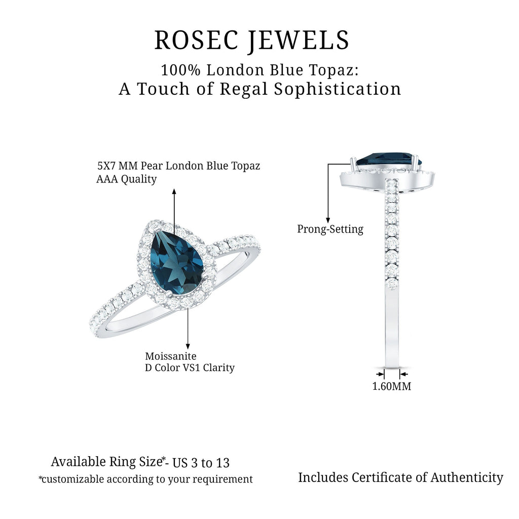 5X7mm Pear Shape London Blue Topaz Teardrop Engagement Ring with Moissanite Halo