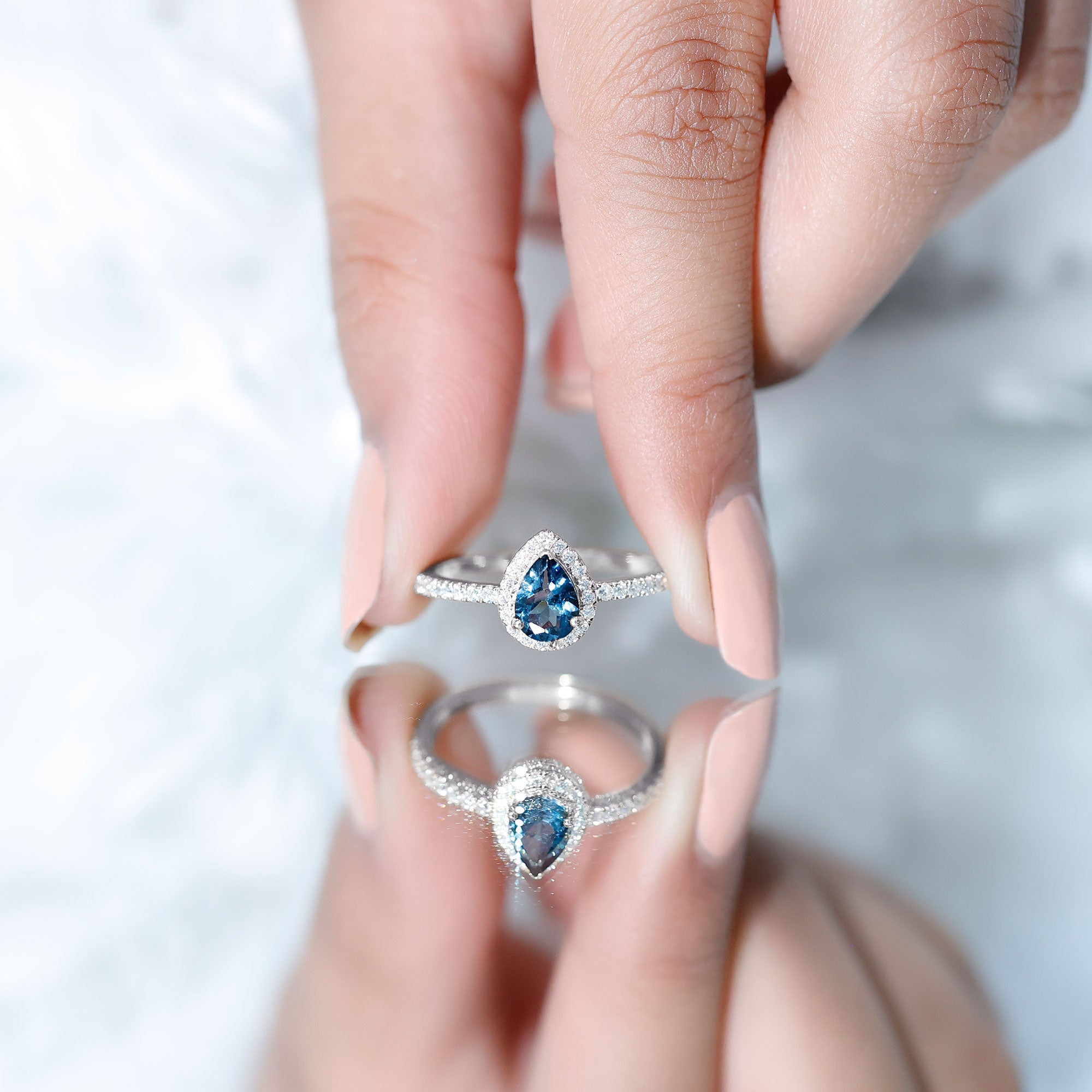 5X7mm Pear Shape London Blue Topaz Teardrop Engagement Ring with Moissanite Halo