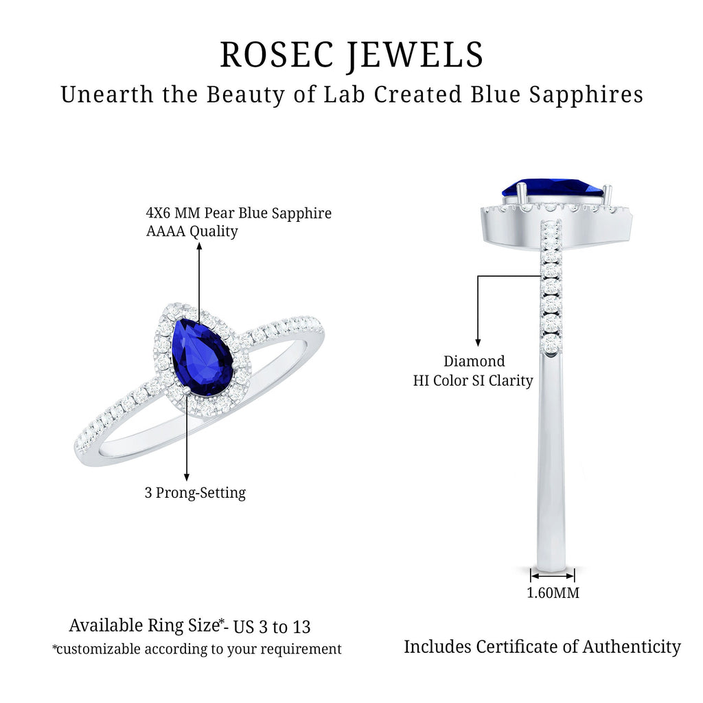 Certified Half Carat Lab Grown Blue Sapphire Teardrop Engagement Ring with Diamond Halo