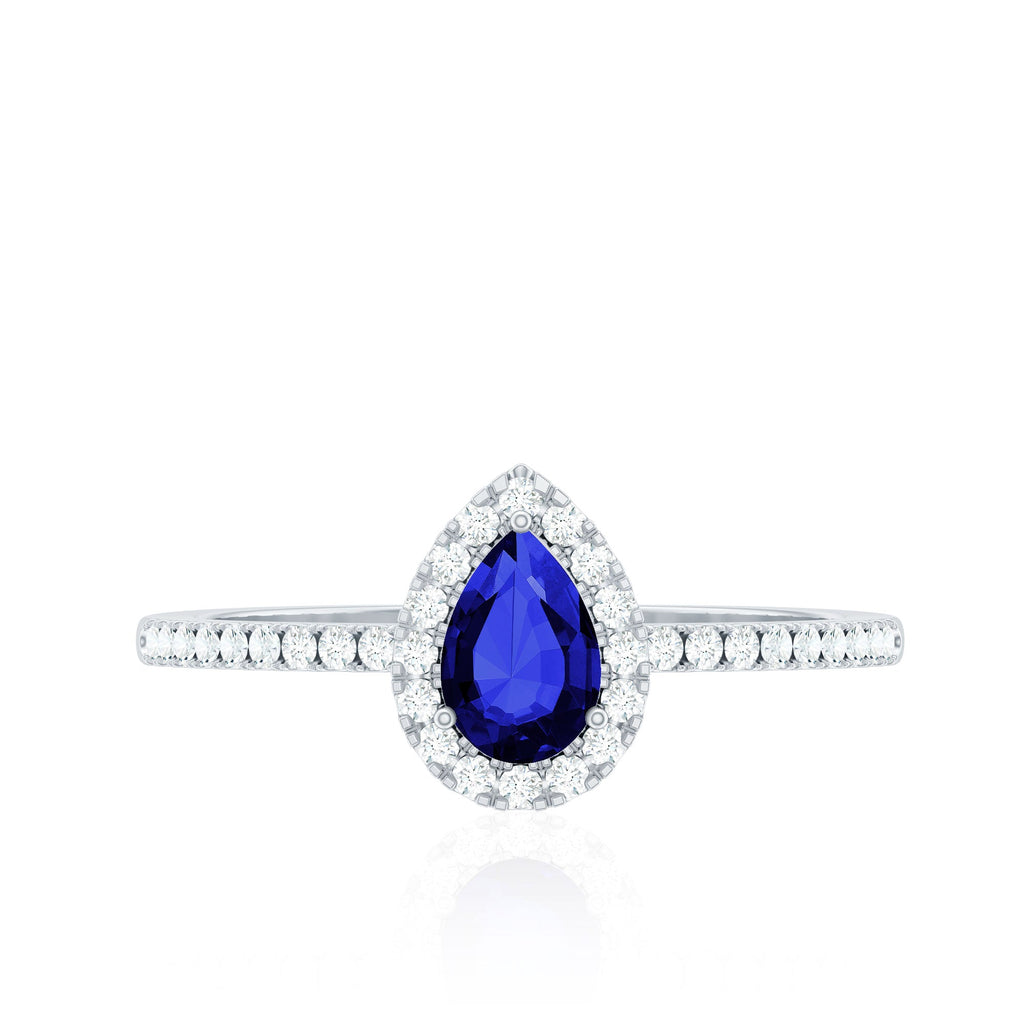Certified Half Carat Lab Grown Blue Sapphire Teardrop Engagement Ring with Diamond Halo